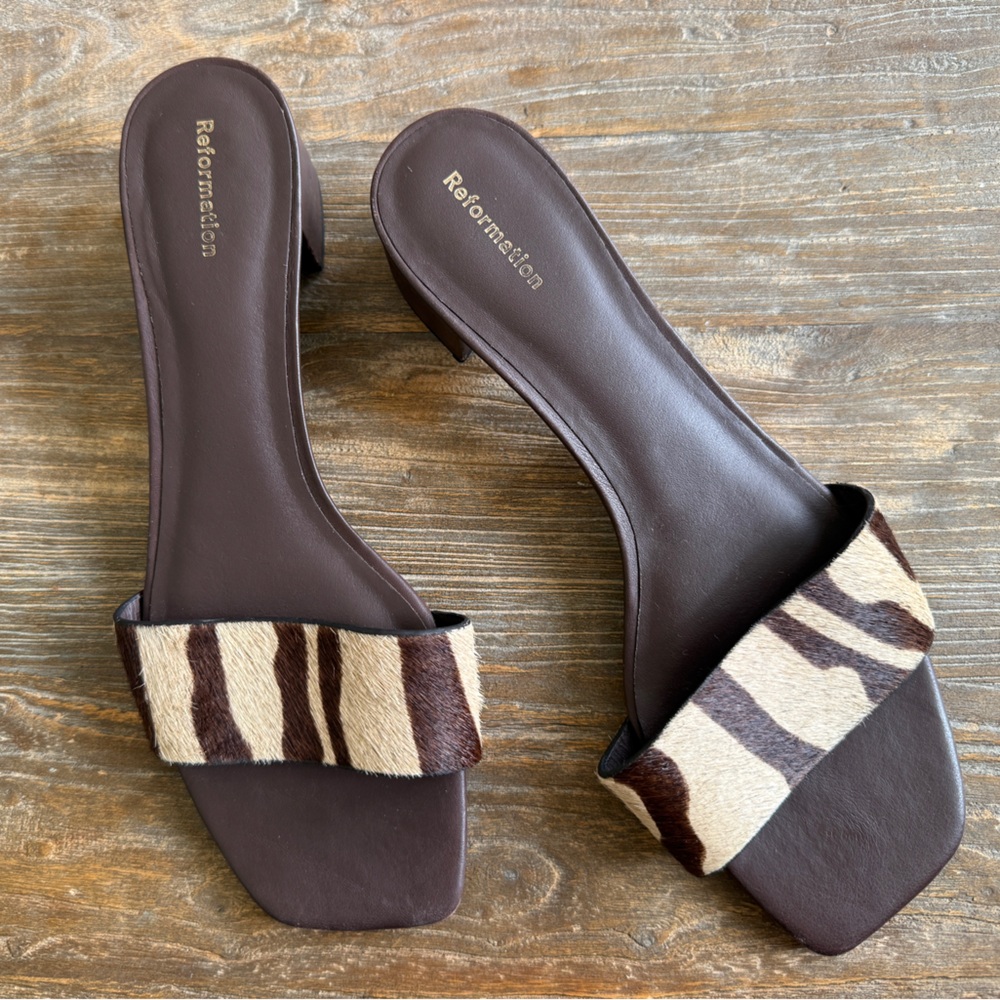 Reformation Brown Zebra Slide Sandals Size 8